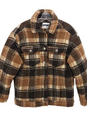 APPARIS Kris Plaid Faux Sherpa Jacket Brown Tan Plaid Size SMALL